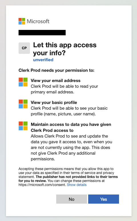 Microsoft permission step in social login flow.