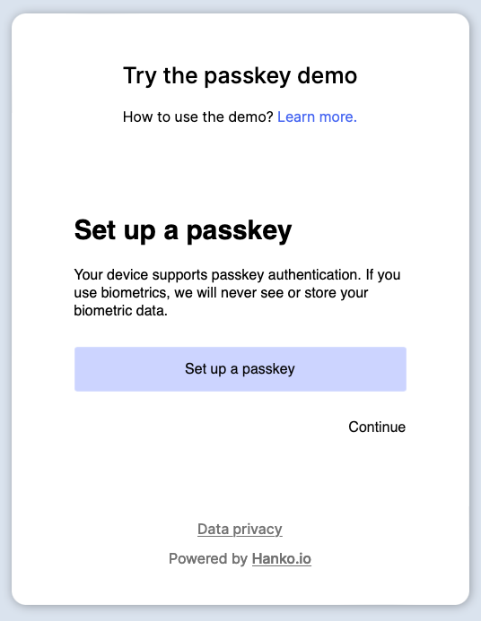 Passkey demo prompt to set up a new passkey.